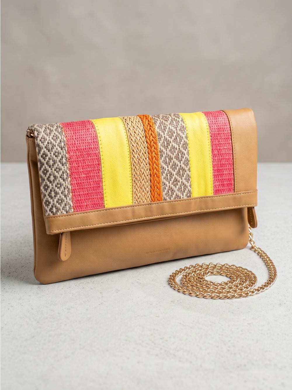 Aldo Tan Fold-Over Clutch with Yellow, Pink and Orange Stripes